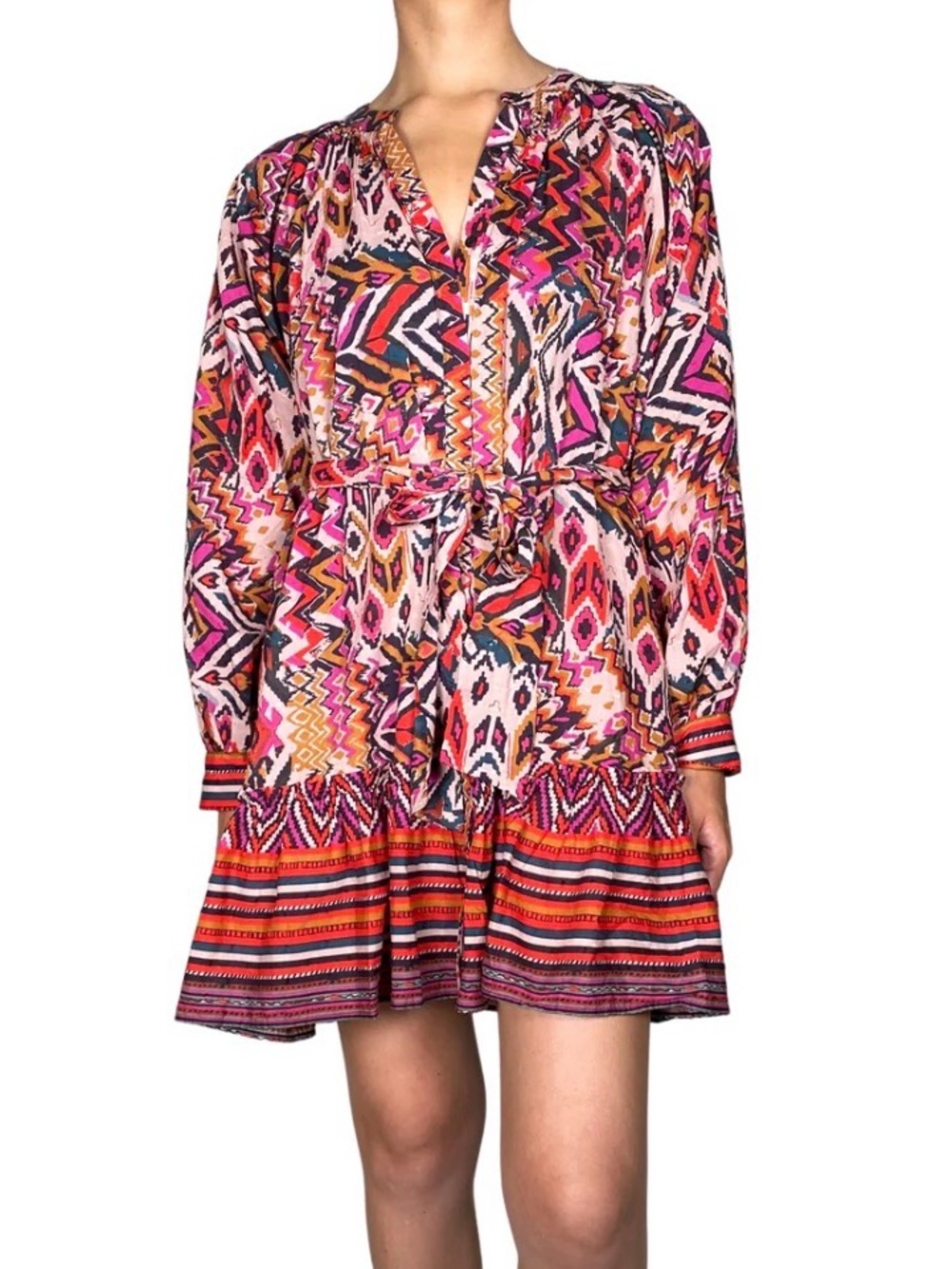 Zara Angie dress features vibrant multicolor tribal print 100% cotton size small